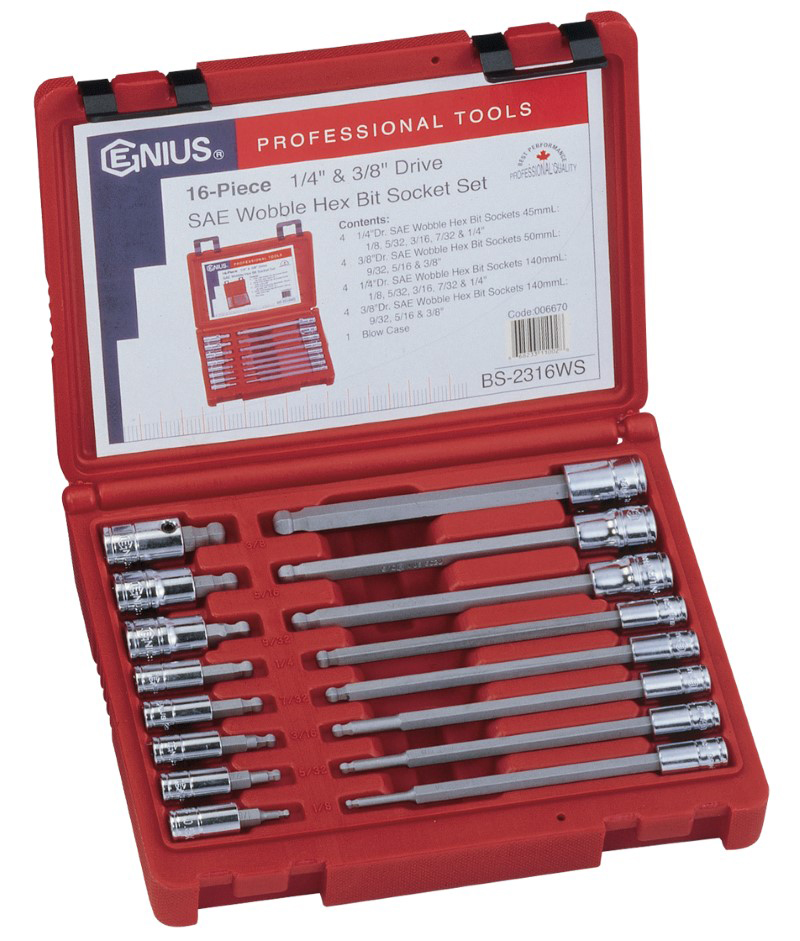 16 Piece 1/4″ & 3/8″ Dr. SAE Wobble Hex Bit Socket Set